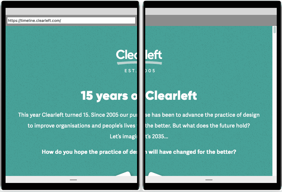 Веб-сайт на двух экранах. Горизонтальный поток текста прерывается шарниром между экранами.