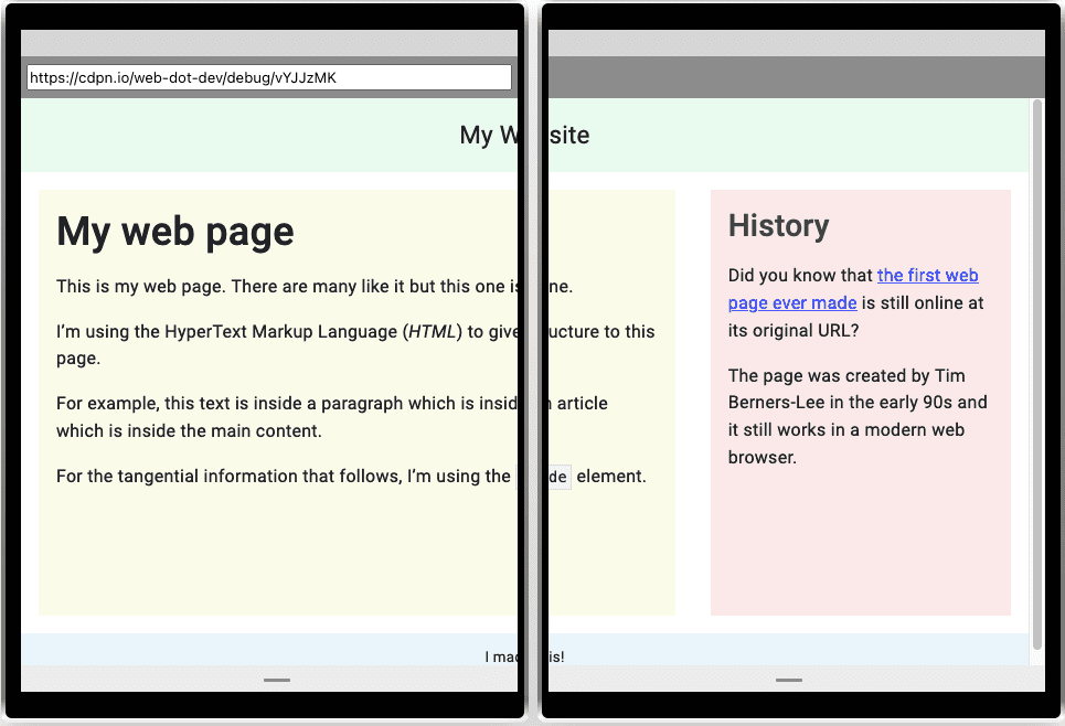 O layout é dividido em duas telas com a articulação interrompendo a coluna mais larga.