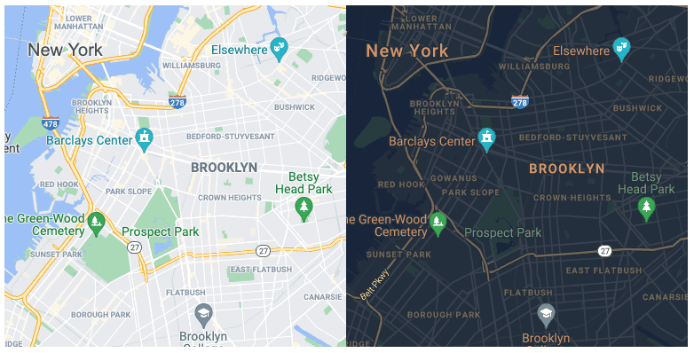 Dois mapas de Broolyn, um usando cores claras e o outro usando cores escuras.