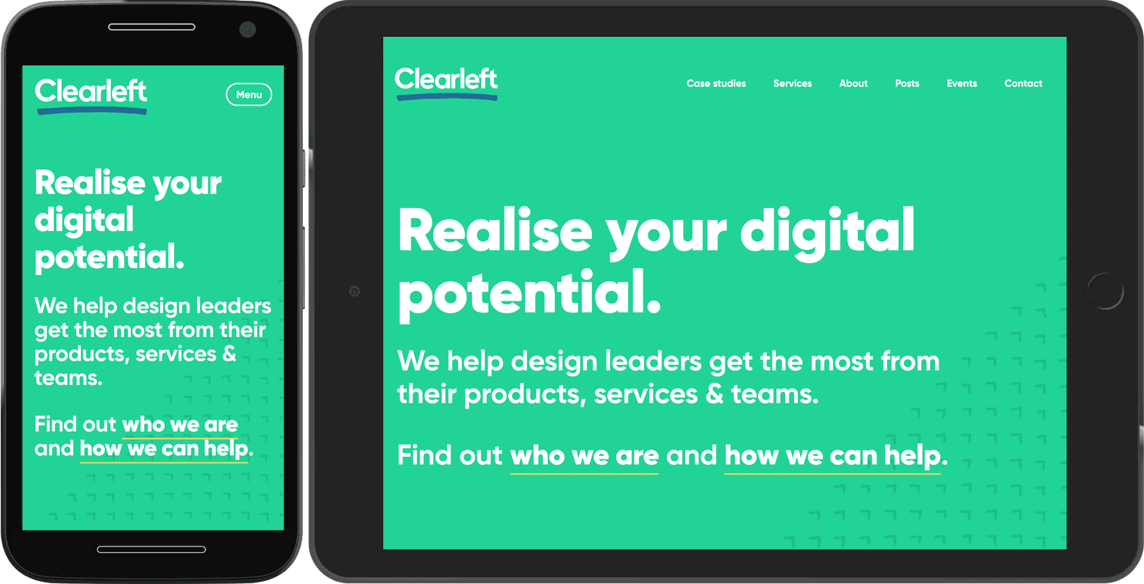 同一个网站,包含 5 个导航链接,分别在移动浏览器和平板电脑浏览器中查看。导航在平板电脑上可见,但在移动设备上隐藏。