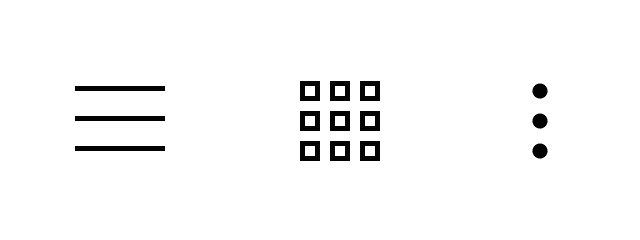Drei Symbole ohne Beschriftung: Das erste Symbol besteht aus drei horizontalen Linien, das zweite in einem Raster aus drei mal drei Punkten und das dritte sind drei vertikal angeordnete Kreise.