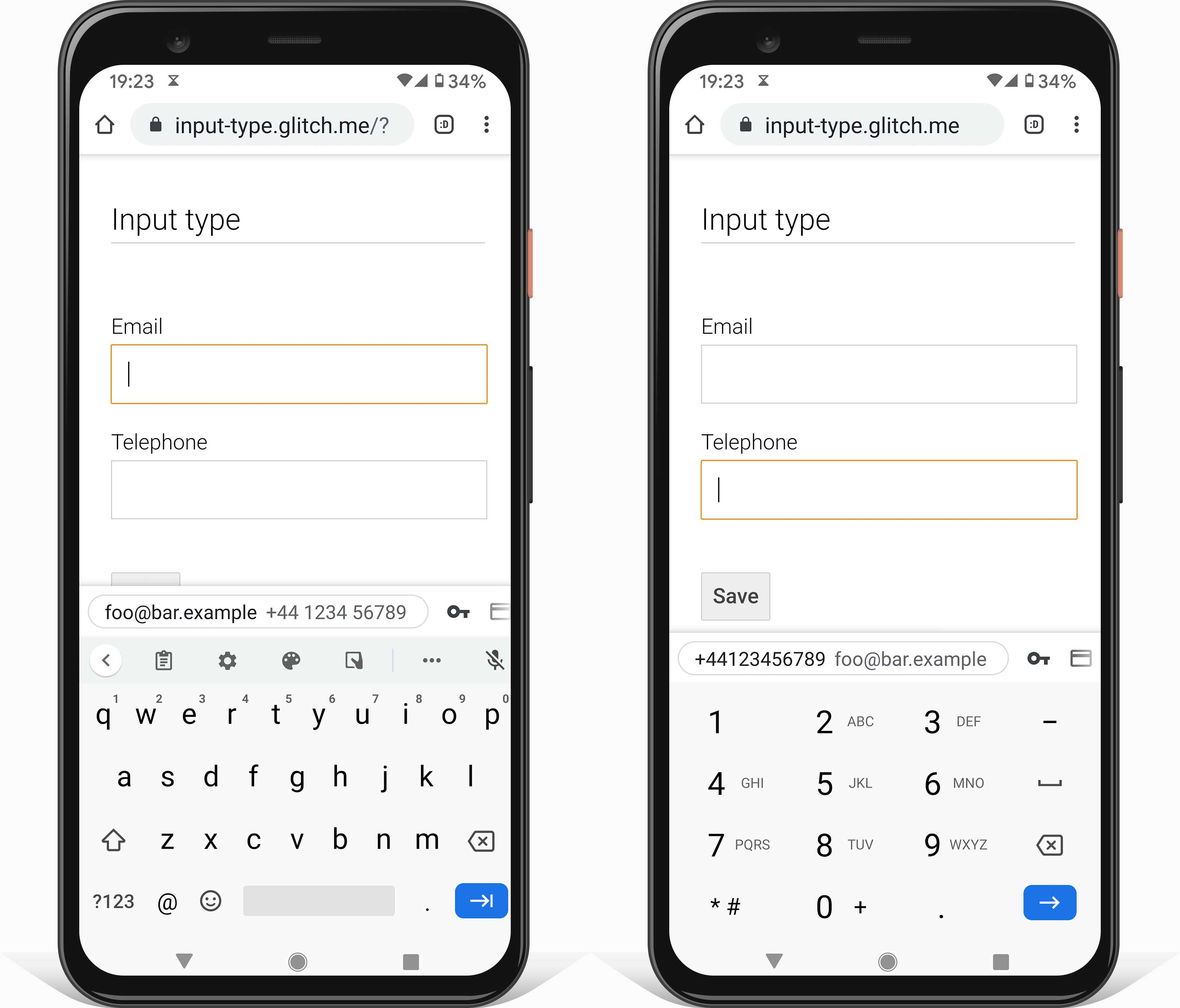 Dua screenshot ponsel Android, menunjukkan keyboard yang sesuai untuk memasukkan alamat email (menggunakan type=email) dan untuk memasukkan nomor telepon (dengan type=tel).