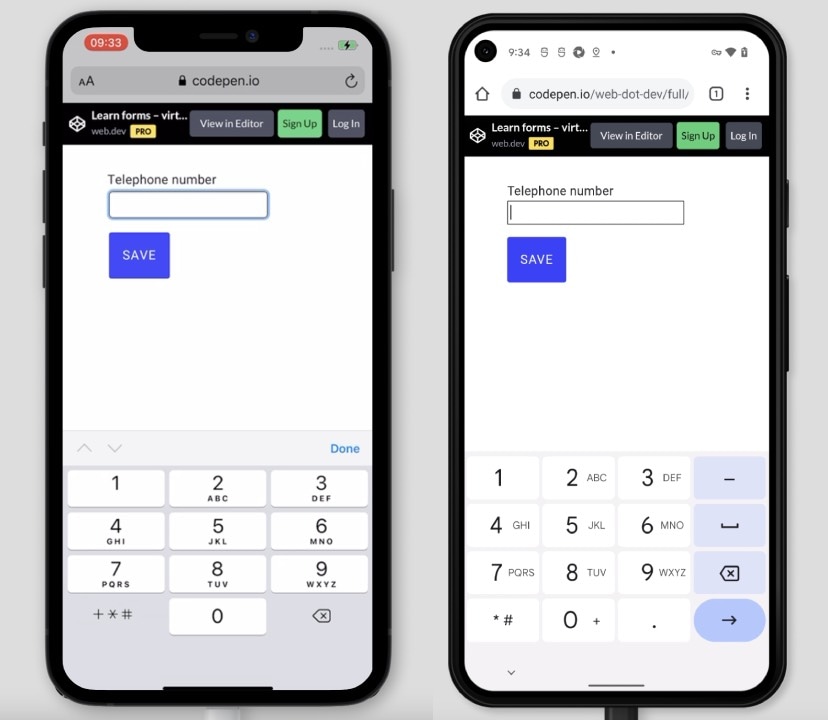 Due screenshot di un elemento di input con type=&#39;tel&#39; su iOS e Android, che mostra come l&#39;attributo type cambia la tastiera sullo schermo.