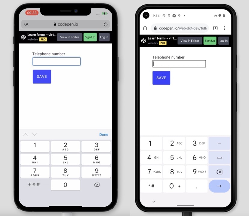 Два снимка экрана элемента ввода с type='tel' на iOS и Android, показывающие, как атрибут type меняет экранную клавиатуру.