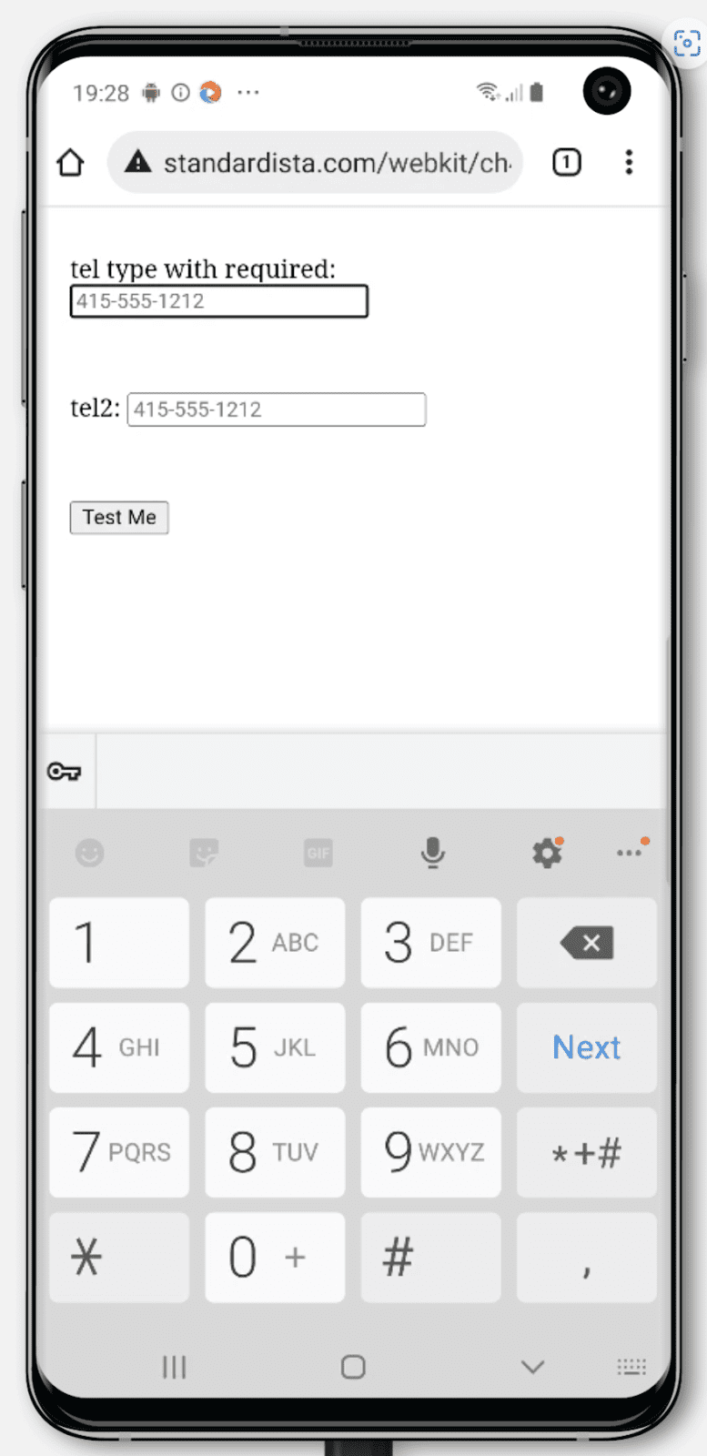 Type=tel giriş türünü gösteren Android klavye.