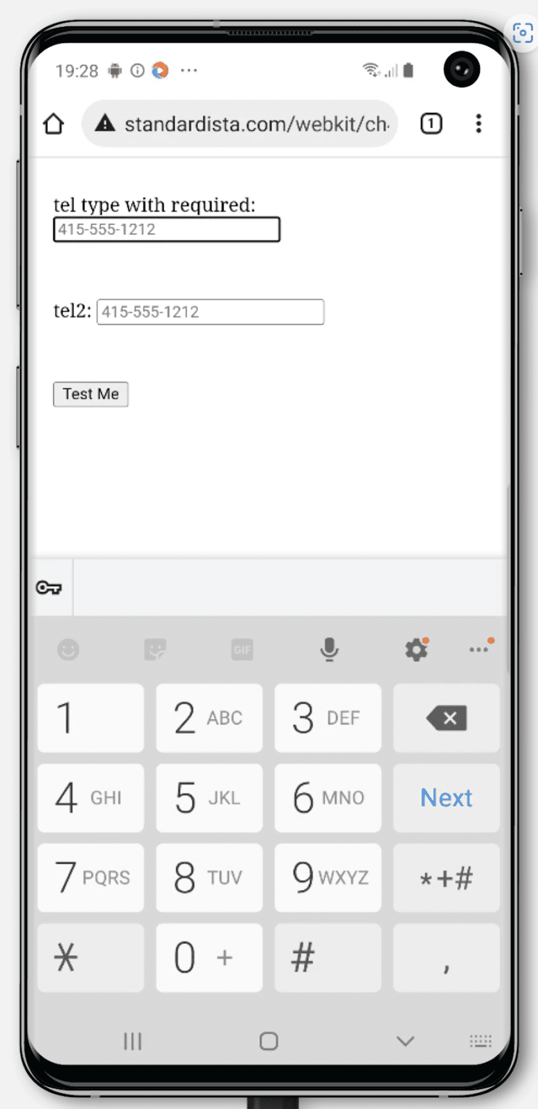input type=tel değerini gösteren Android klavyesi.
