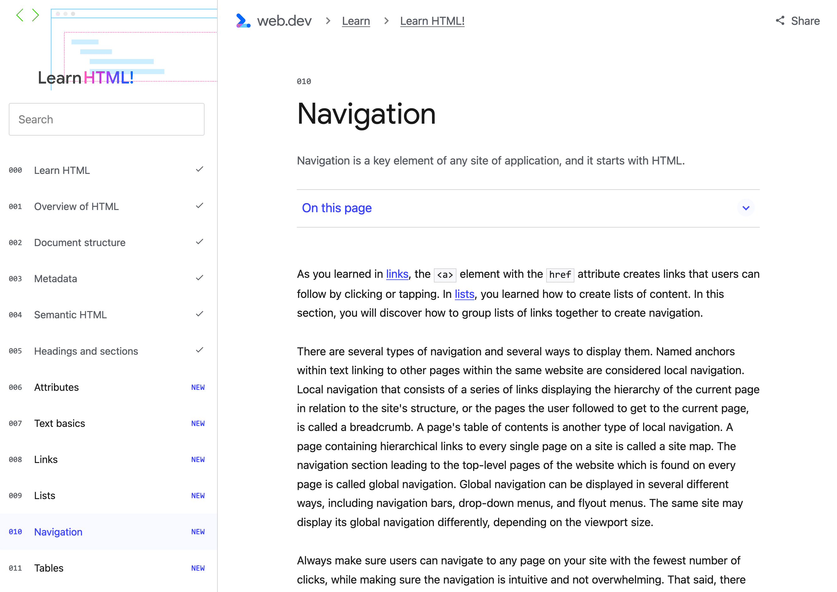 Première page de la page, avec le fil d&#39;Ariane en haut, un bouton permettant d&#39;afficher la table des matières et les navigations locales pour la série