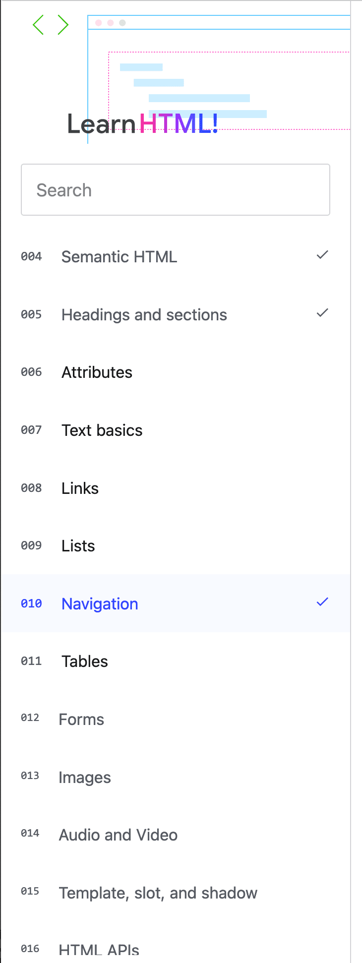 En la navegación local, se muestra una marca de verificación junto al nombre del capítulo.