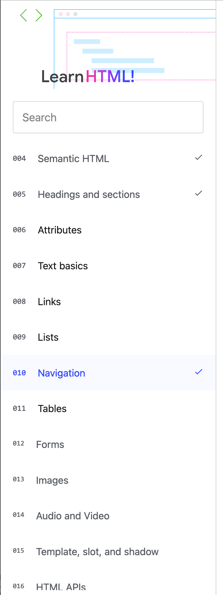 La navegación local muestra una marca de verificación junto al nombre de este capítulo.