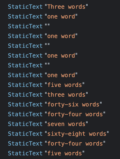 Tous les nœuds de texte sont répertoriés en tant que texte statique.