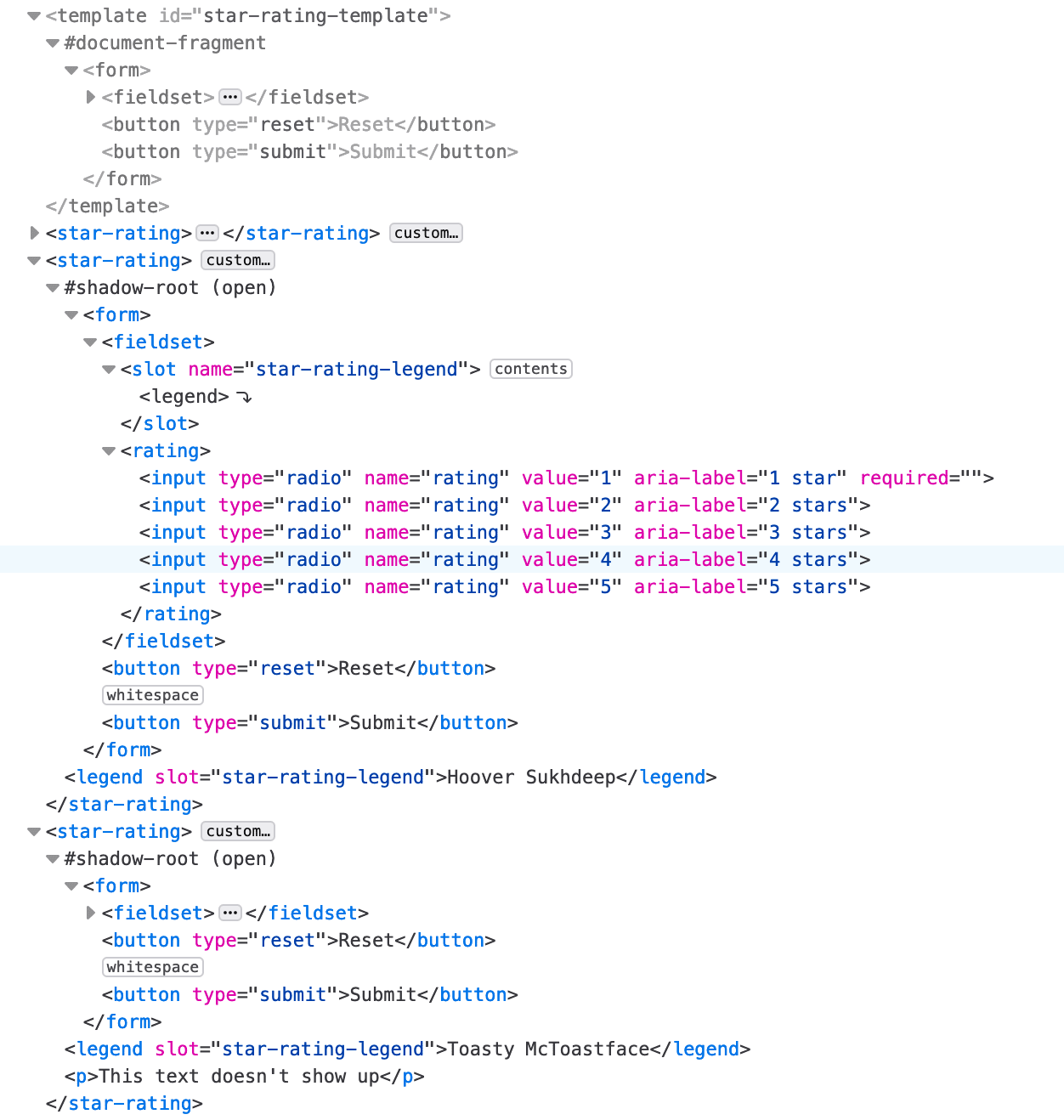 각 사용자설정 요소에서 복제된 템플릿 콘텐츠를 보여주는 DevTools 스크린샷