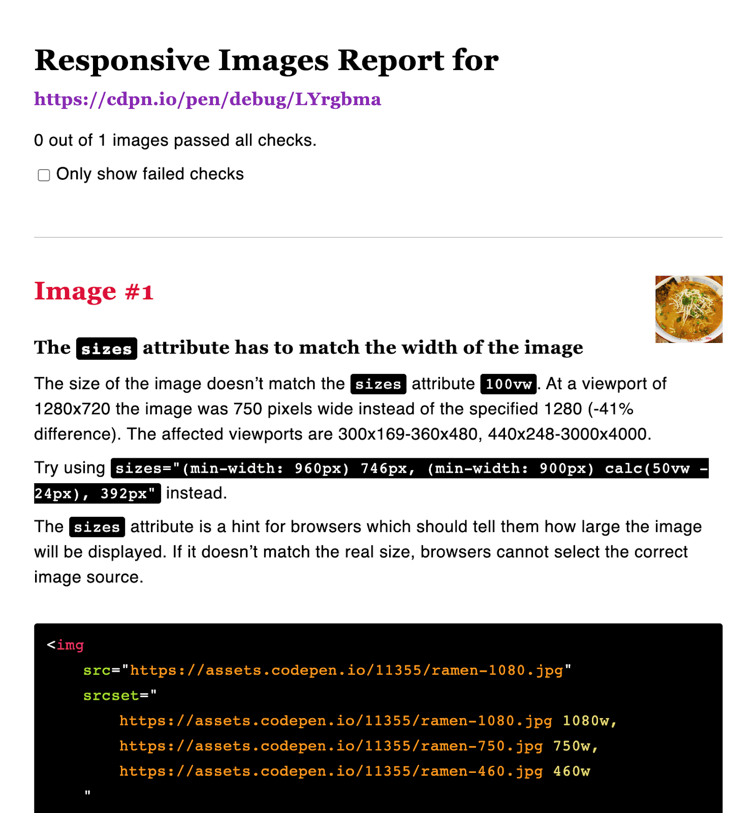 Report sulle immagini adattabili con dimensioni suggerite.