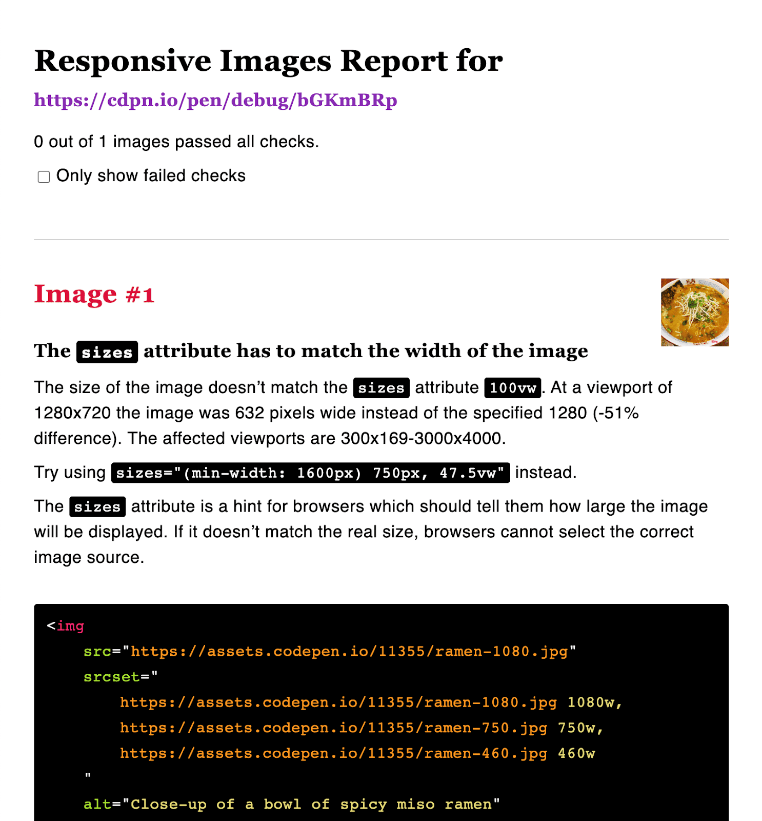 Laporan gambar responsif yang menampilkan ketidakcocokan ukuran/lebar.