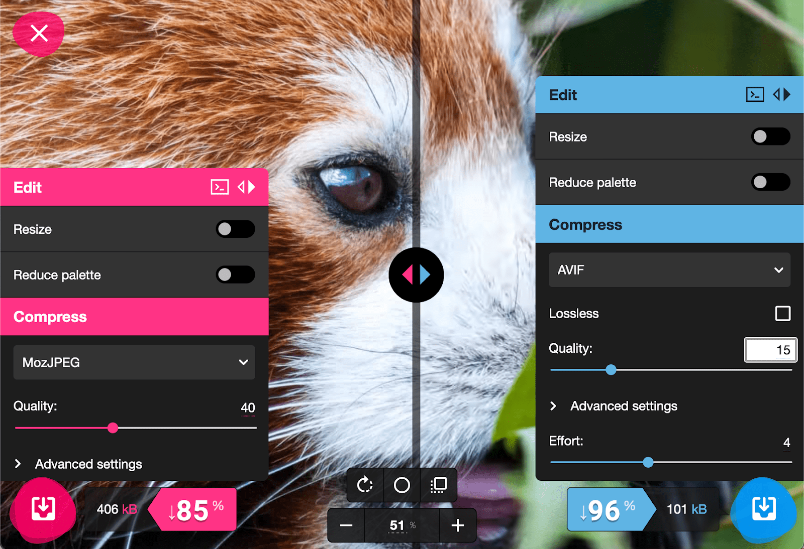 A Squoosh screenshot showing AVIF compression settings.