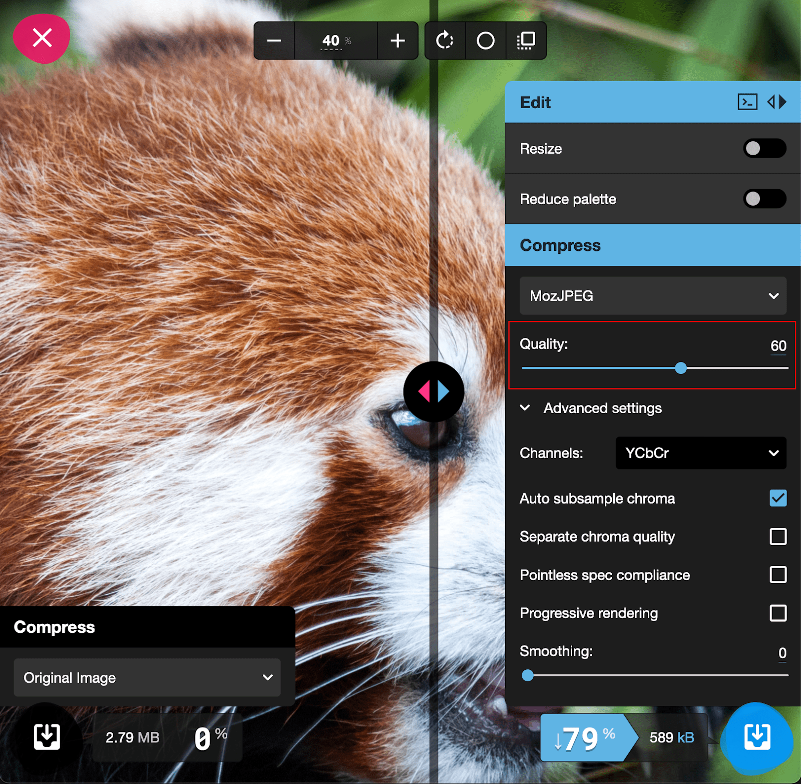 El panel de configuración de Squoosh con el control deslizante de calidad destacado.