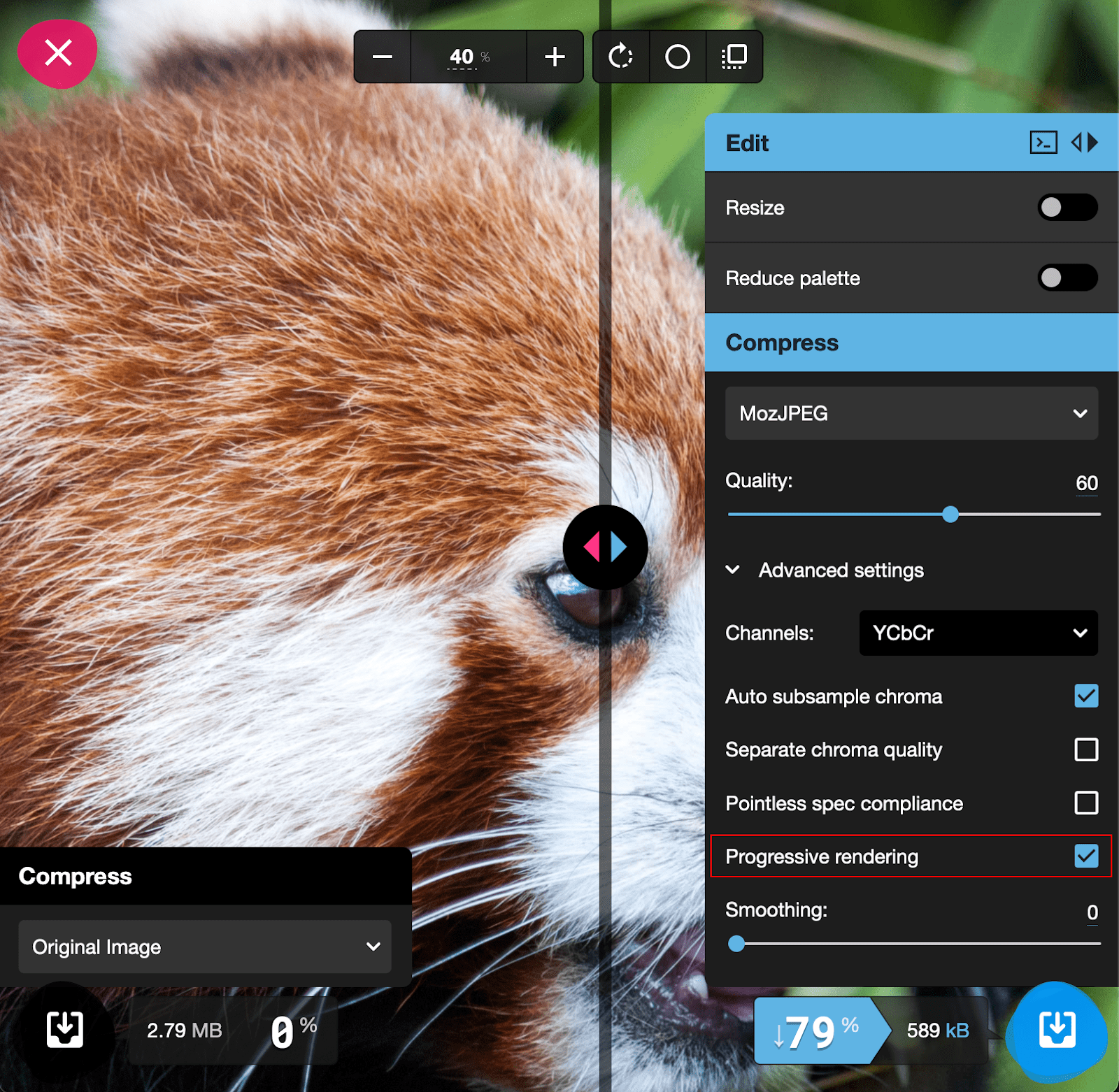 Panel setelan Squoosh, dengan setelan rendering progresif ditandai.