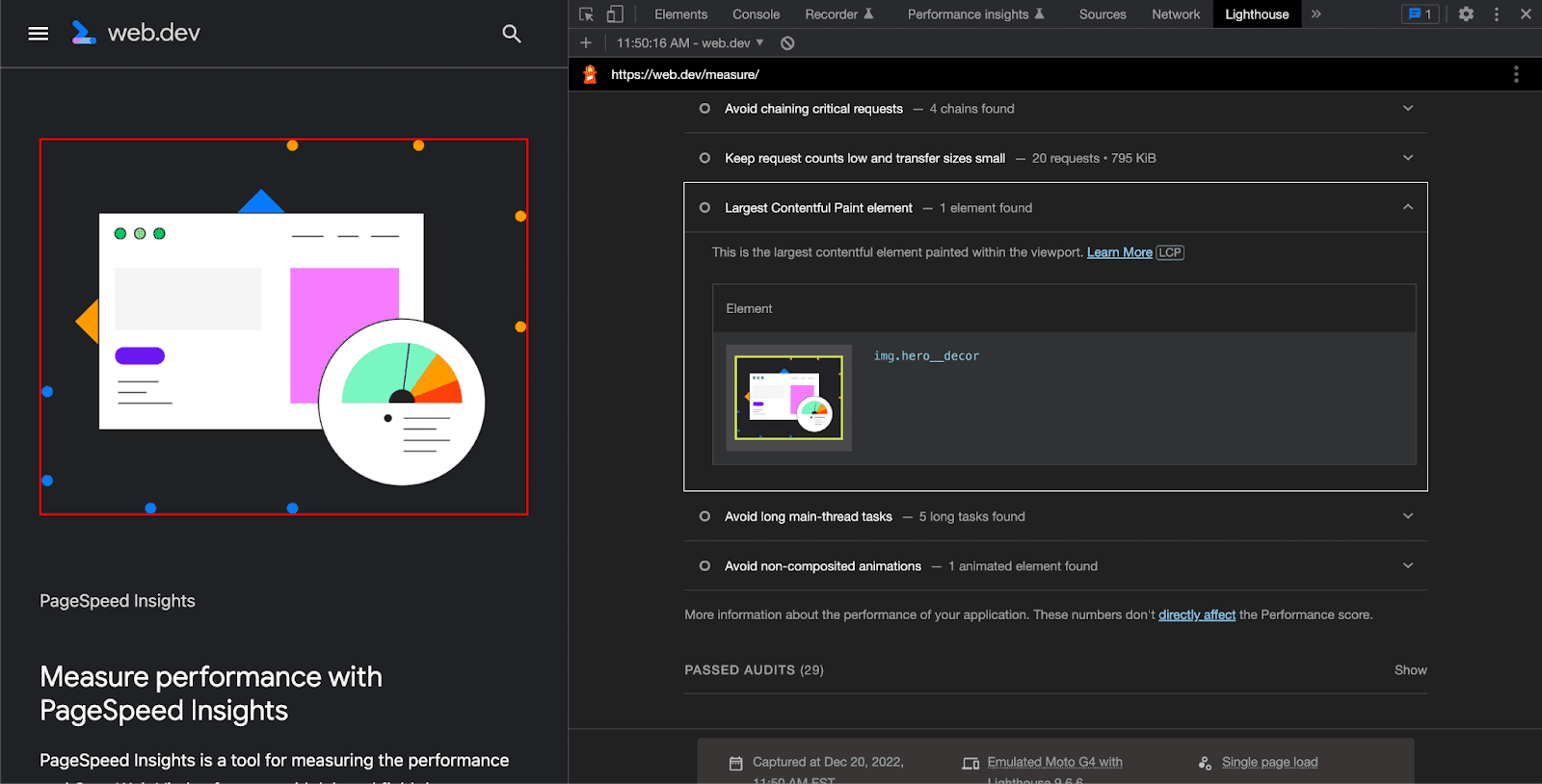 LCP destacada no console de uma página web.dev