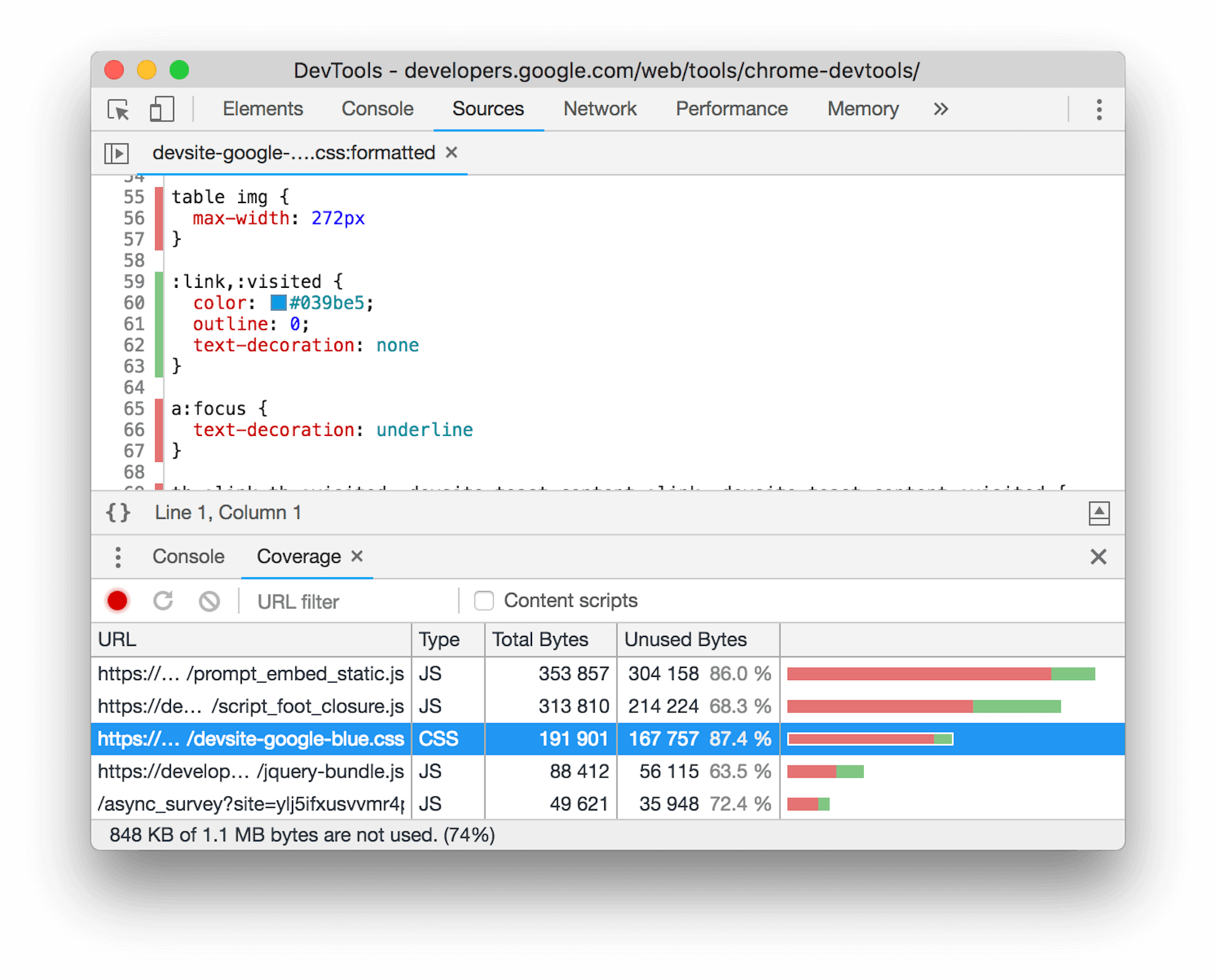 Chrome DevTools의 적용 범위 도구 스크린샷 하단 창에서 선택된 CSS 파일에 현재 페이지 레이아웃에서 사용하지 않는 상당한 양의 CSS가 표시됩니다.