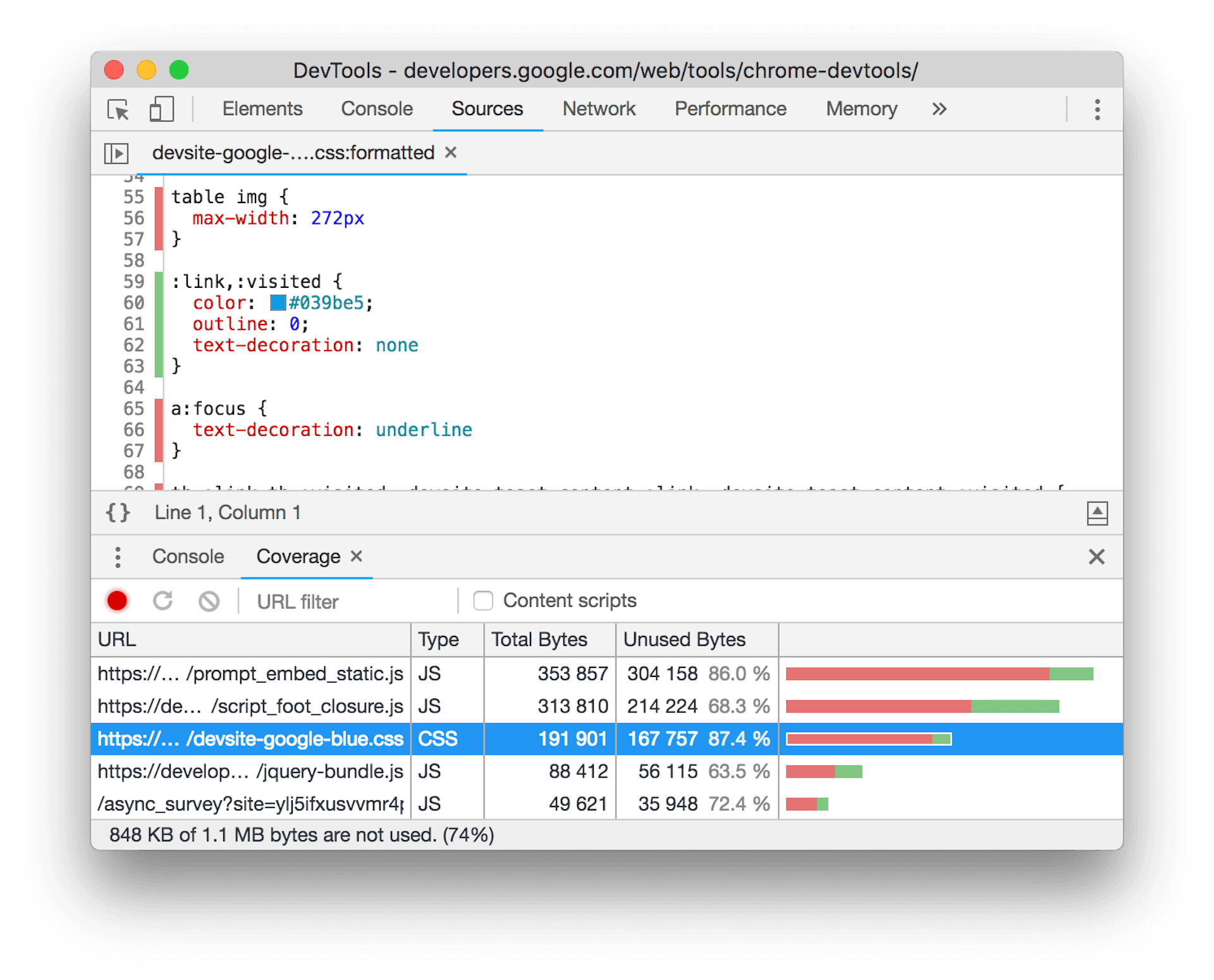 Chrome DevTools의 커버리지 도구 스크린샷 하단 창에서 CSS 파일이 선택되어 있으며 현재 페이지 레이아웃에서 사용되지 않는 CSS가 상당량 표시됩니다.