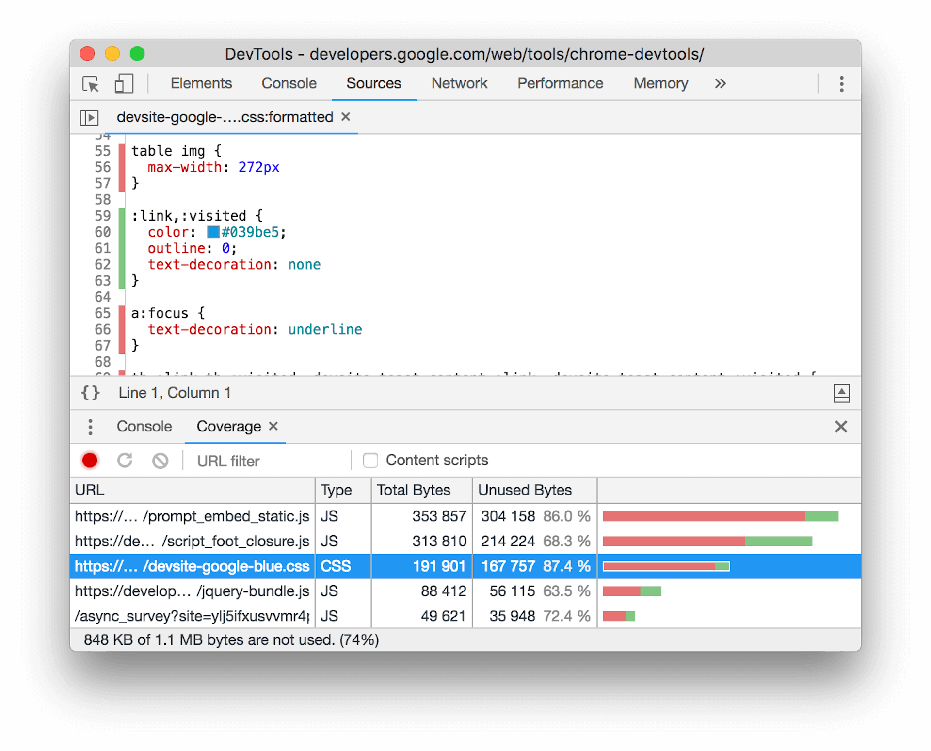 Chrome 開發人員工具的涵蓋率工具螢幕截圖。在底部窗格中選取 CSS 檔案，顯示目前網頁版面配置未使用的 CSS 數量。
