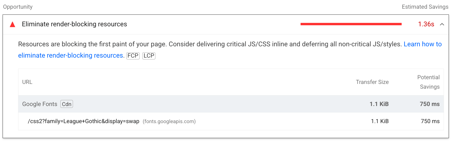 Audit Lighthouse pour éliminer les ressources qui bloquent l&#39;affichage. L&#39;audit indique la ou les ressources qui bloquent le rendu, ainsi que la durée du blocage.