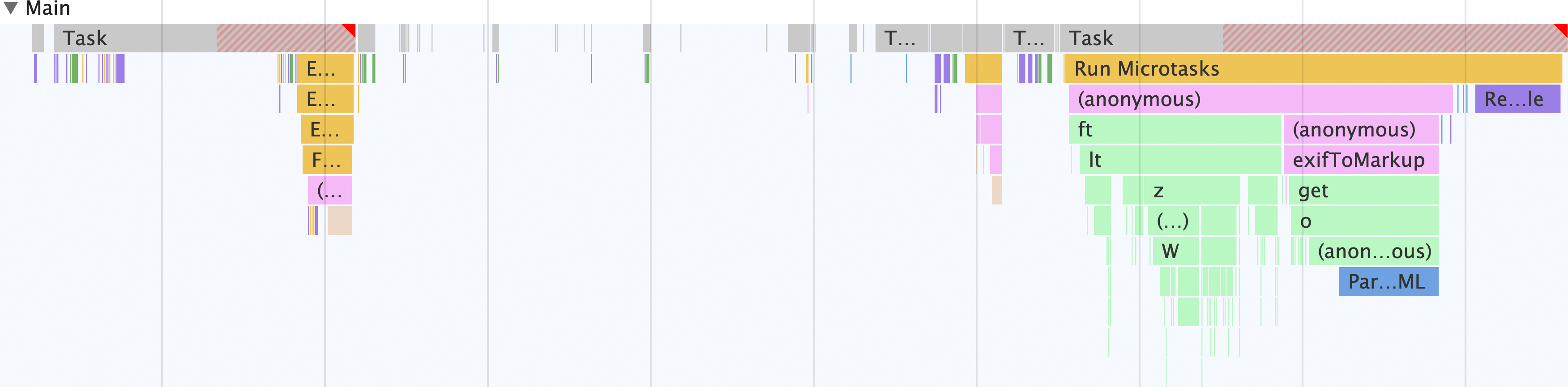 El generador de perfiles de rendimiento muestra la actividad de la app de extractor de metadatos de imagen que ocurre completamente en el subproceso principal. Existen dos tareas muy largas: una que ejecuta una recuperación para obtener la imagen solicitada y la decodifica, y otra que extrae los metadatos de la imagen.