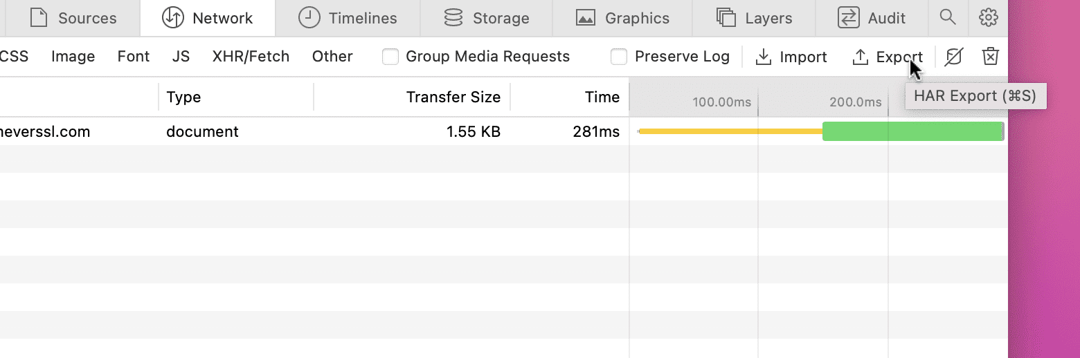 Panel Safari Web Inspector Network dengan opsi ekspor HAR ditandai.