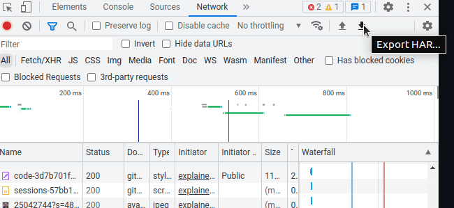 Panneau réseau des outils pour les développeurs Chrome avec le symbole &quot;Télécharger le fichier HAR&quot; encadré