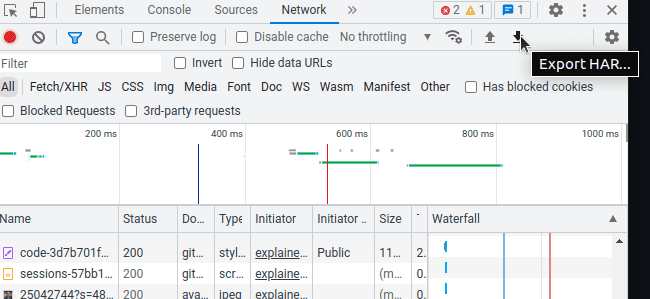 [HAR をダウンロード] 記号がハイライト表示された Chrome DevTools のネットワーク パネル。