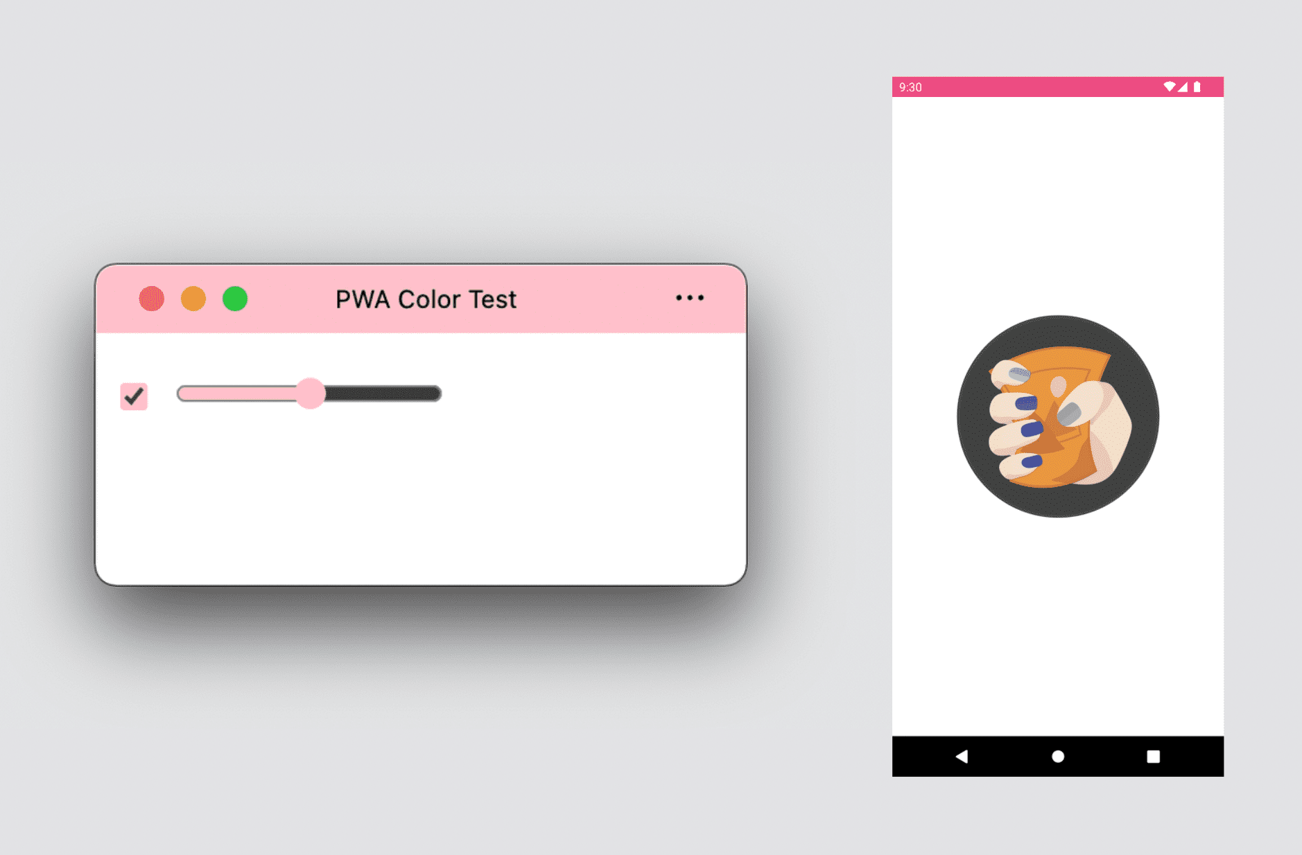 Eine Desktop-PWA mit Design- und Akzentfarben und ein Android-PWA-Startbildschirm mit Design- und Hintergrundfarben.