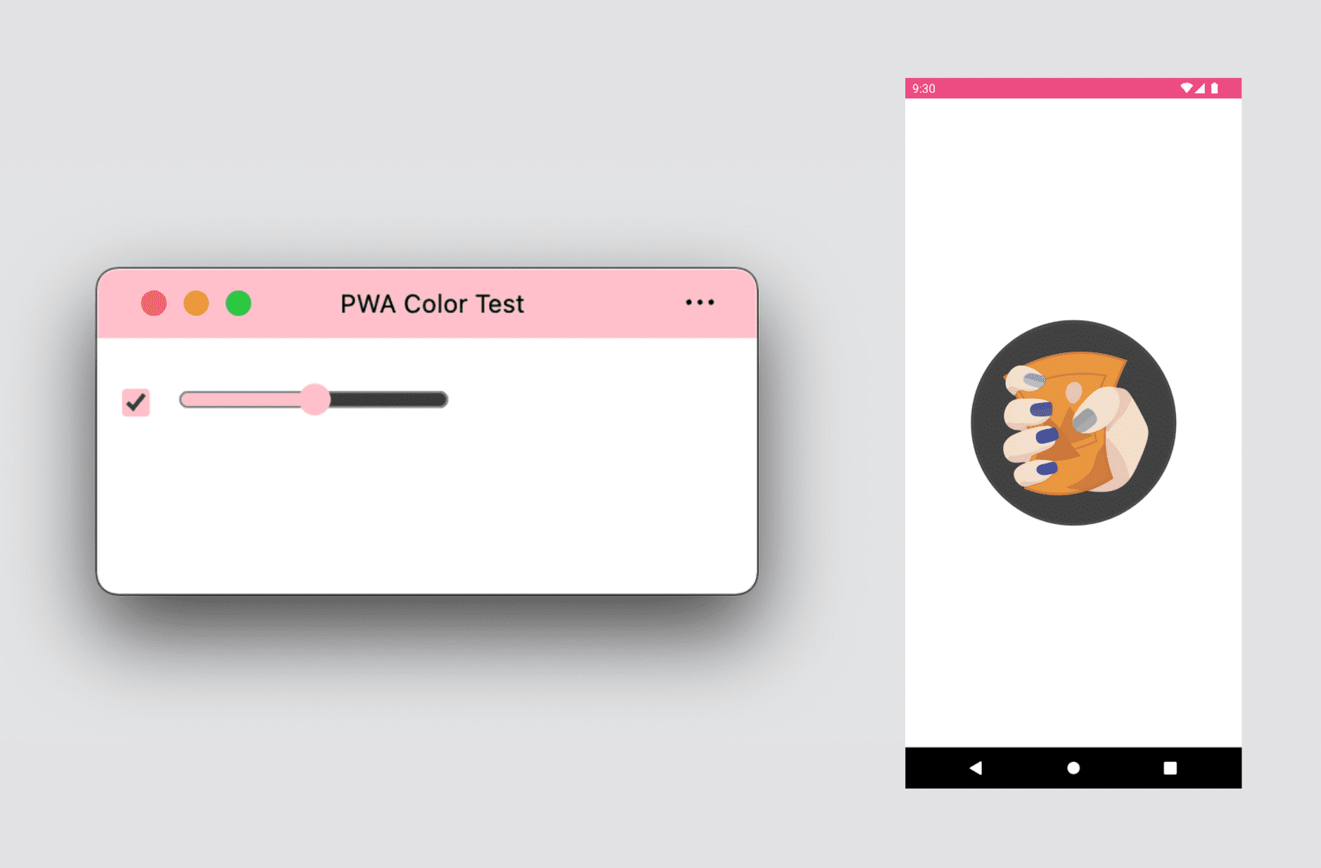Um PWA para computador mostrando cores de tema e destaque e uma tela de apresentação do PWA do Android mostrando cores de tema e plano de fundo.