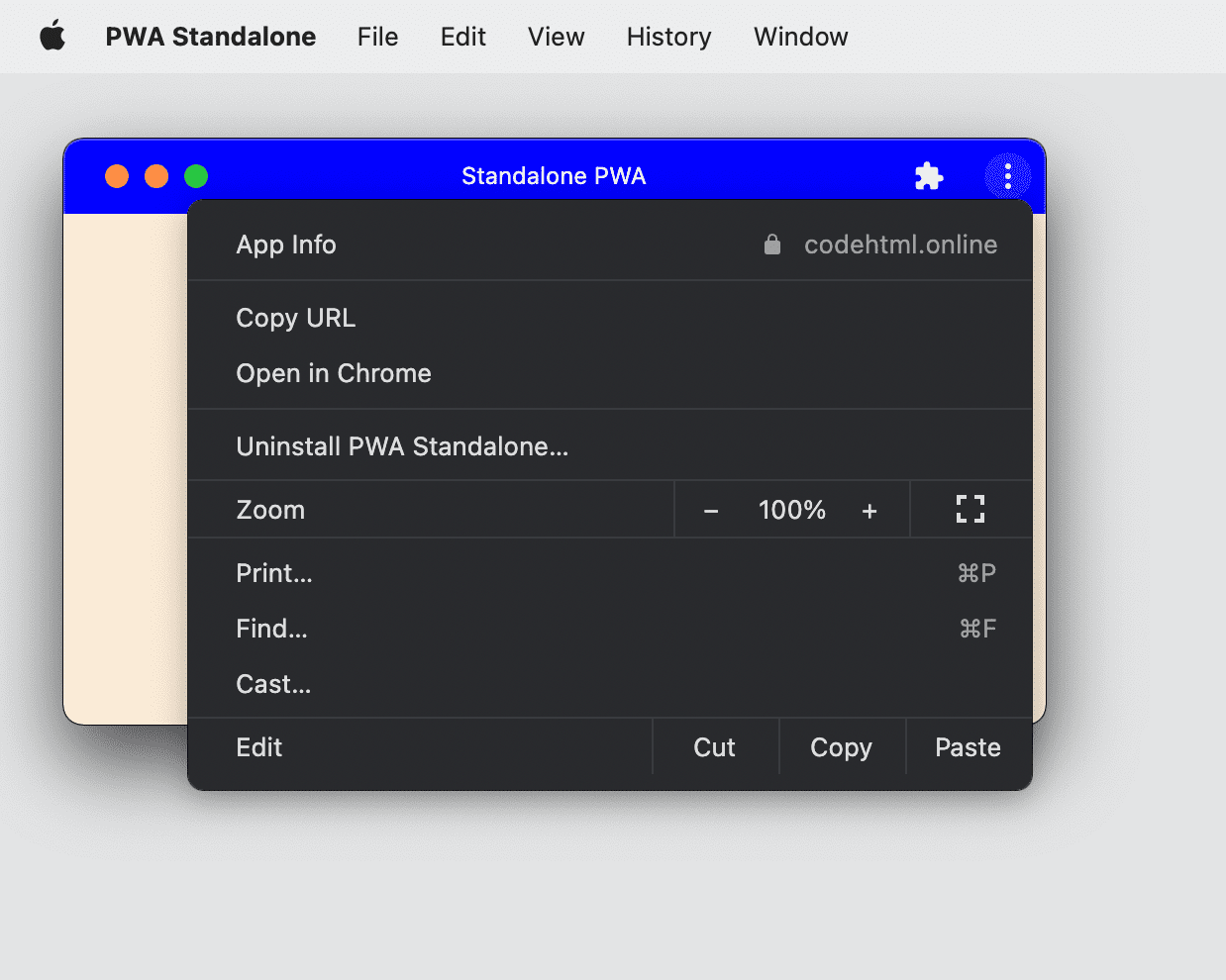 PWA installée avec Google Chrome sur un ordinateur, affichant le menu déroulant et l&#39;icône des plug-ins