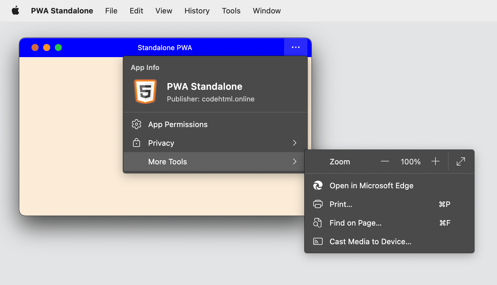 PWA zainstalowana w Microsoft Edge na komputerze z widocznym menu.