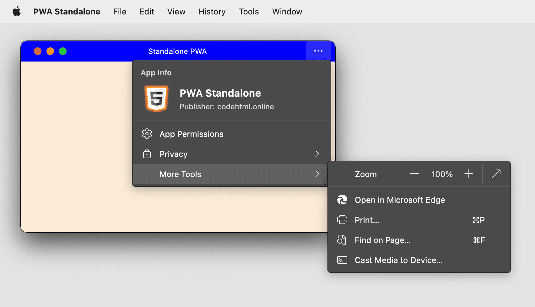 Menu PWA zainstalowanej przy użyciu przeglądarki Microsoft Edge na komputerze przedstawiające menu.