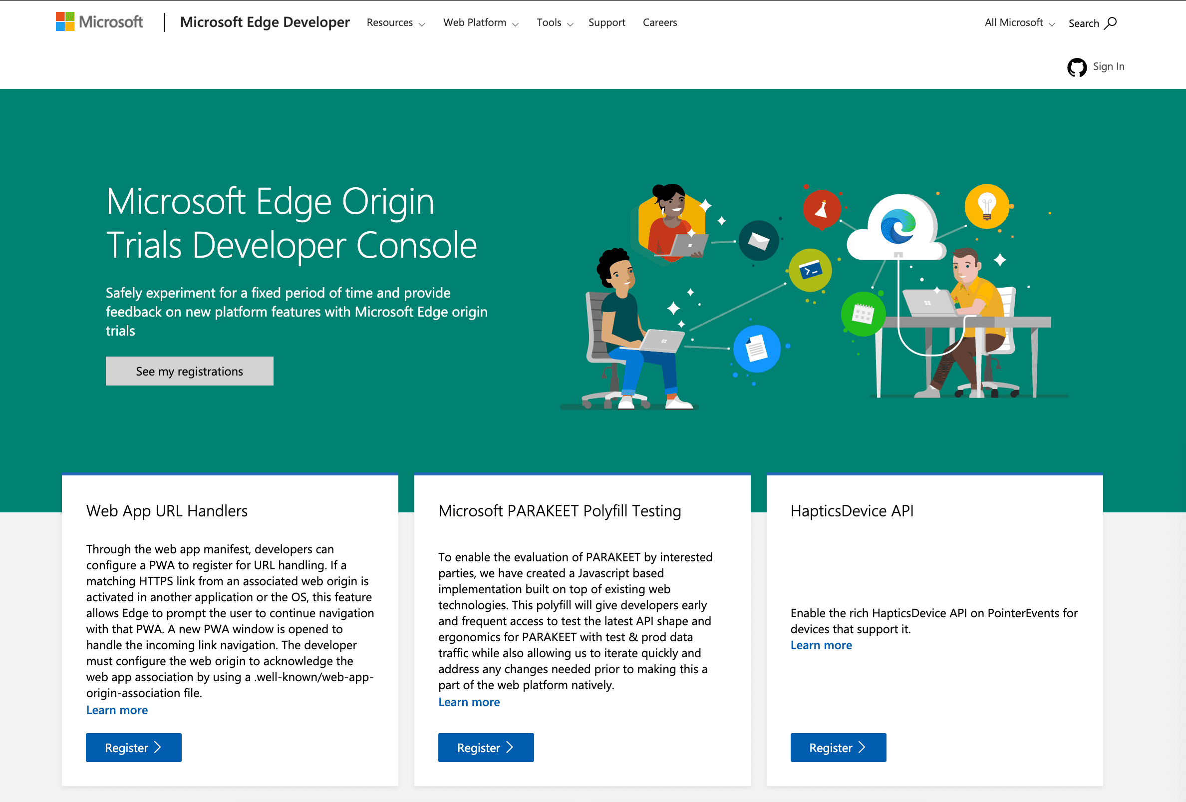 Danh sách các bản dùng thử theo nguyên gốc hiện có cho Microsoft Edge.