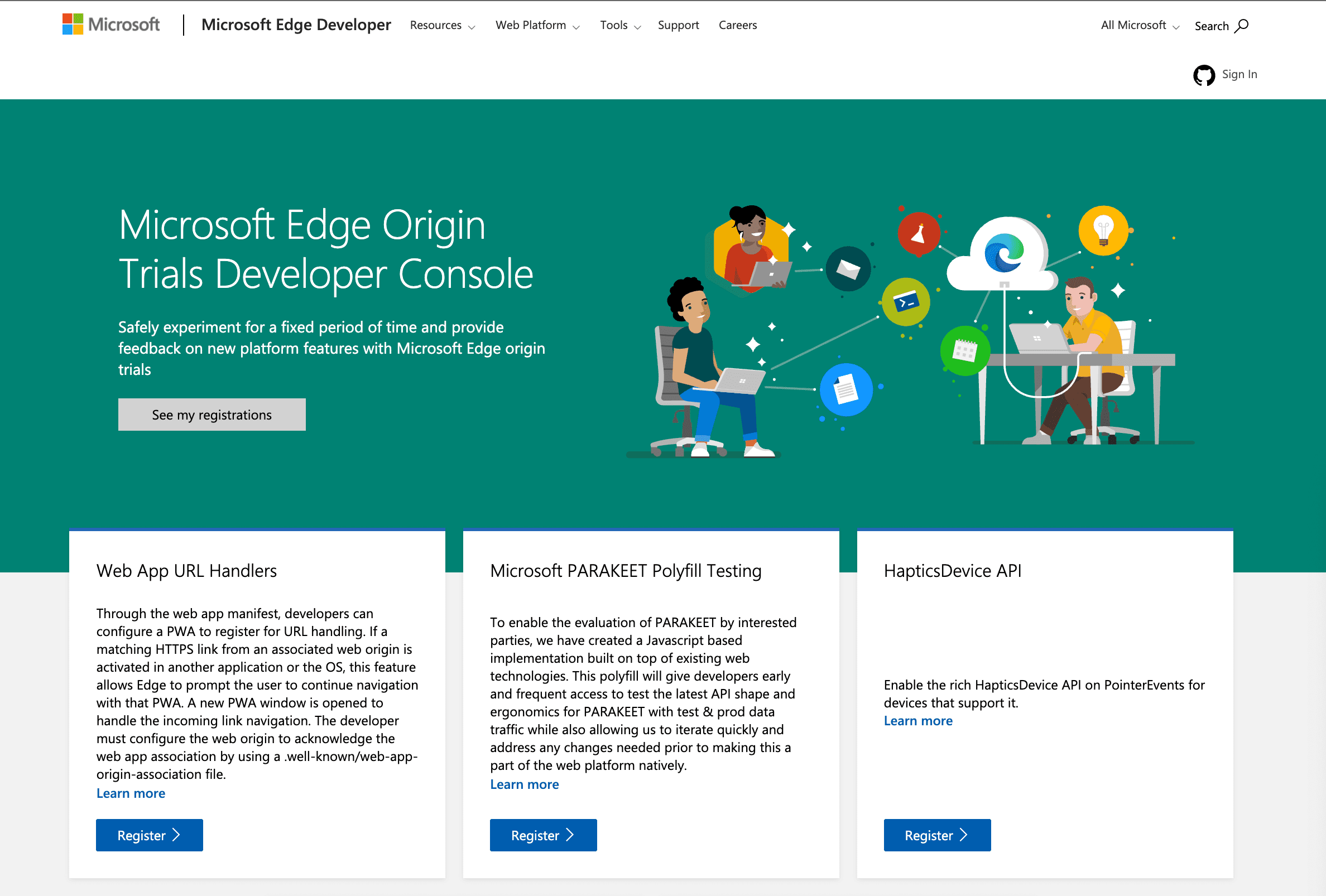 قائمة بمراحل التجربة والتقييم المتاحة لمتصفِّح Microsoft Edge.