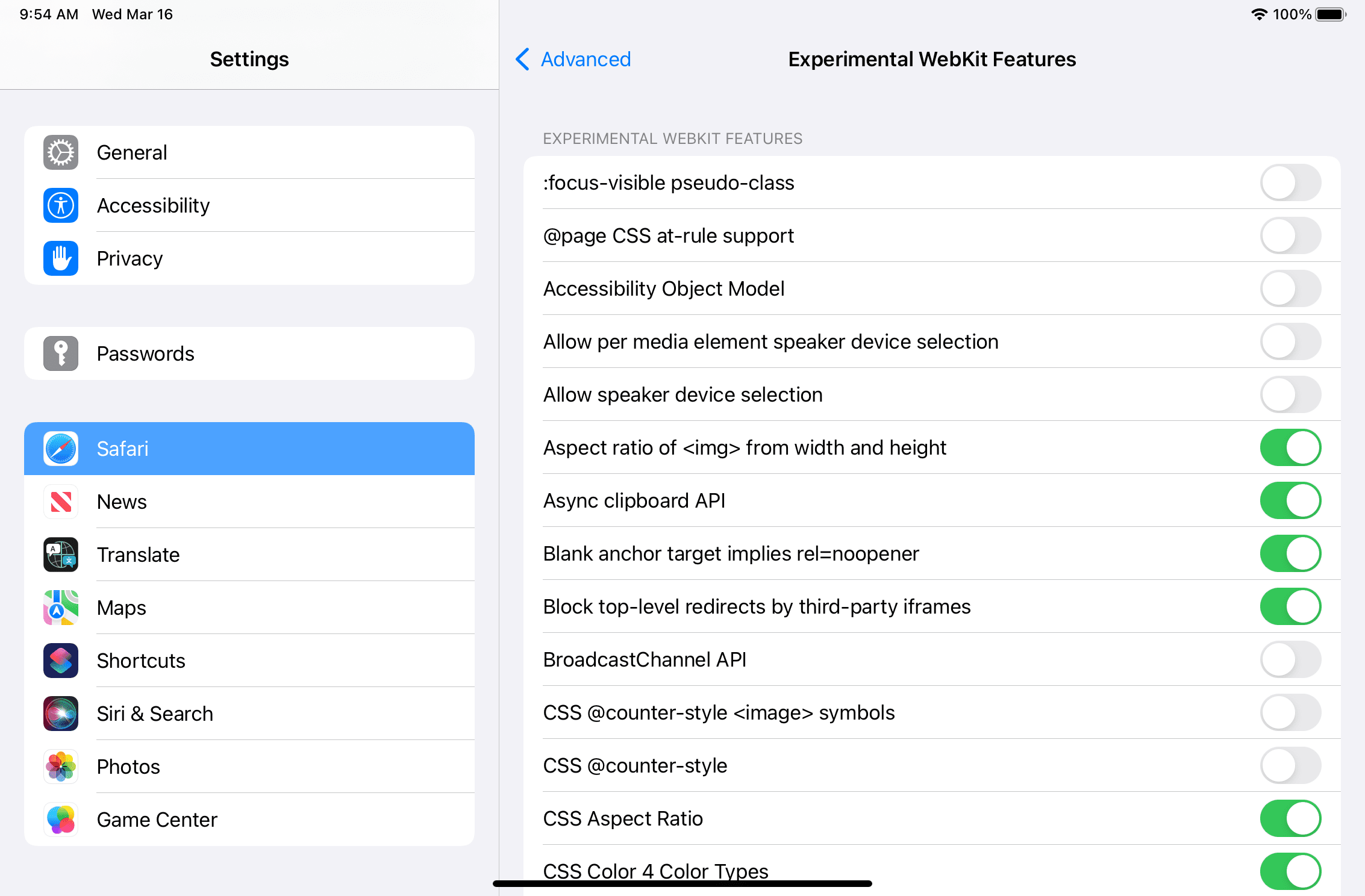 Funzionalità sperimentali disponibili su Safari su iPadOS.