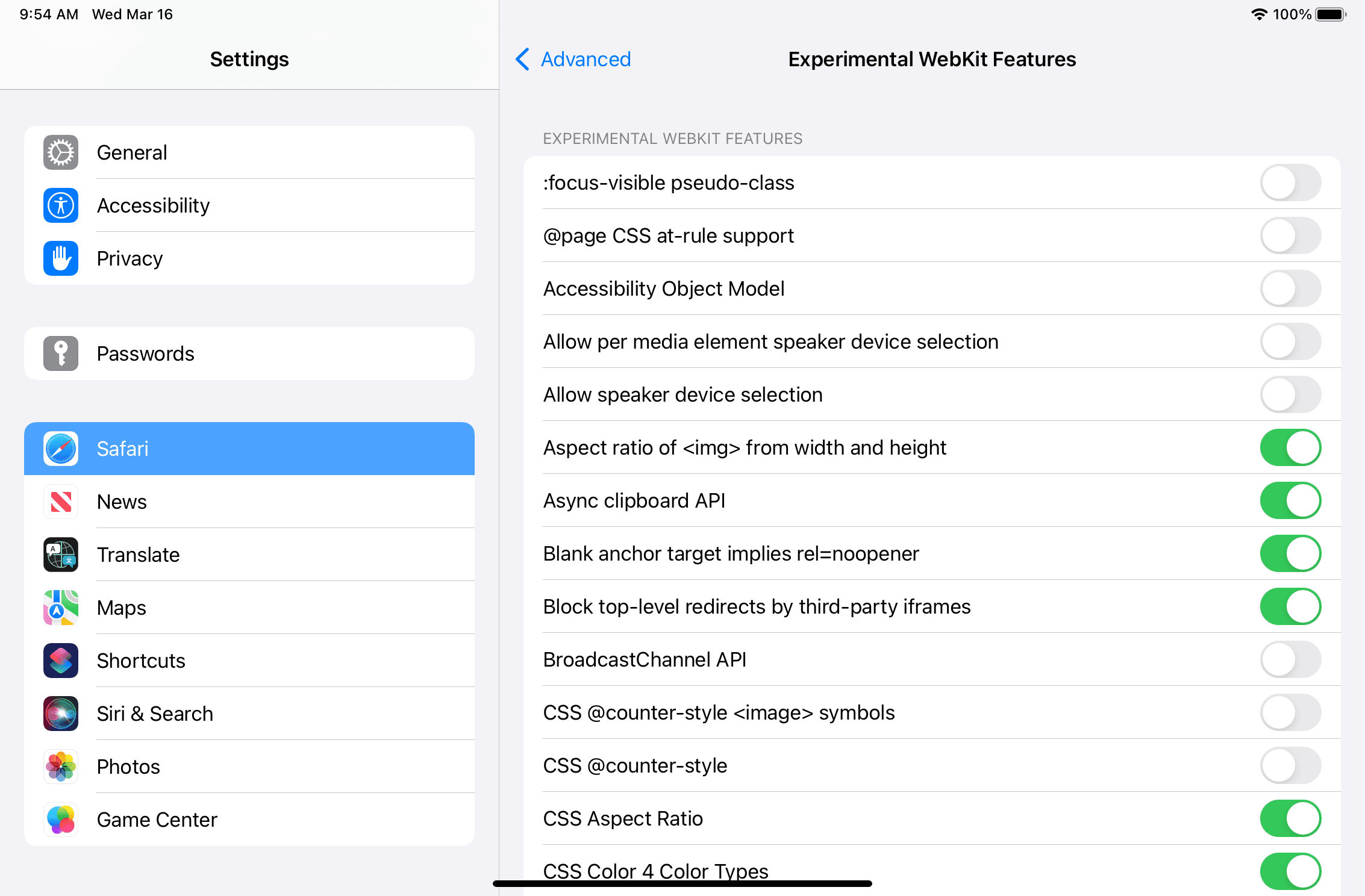 Funciones experimentales disponibles en Safari para iPadOS.