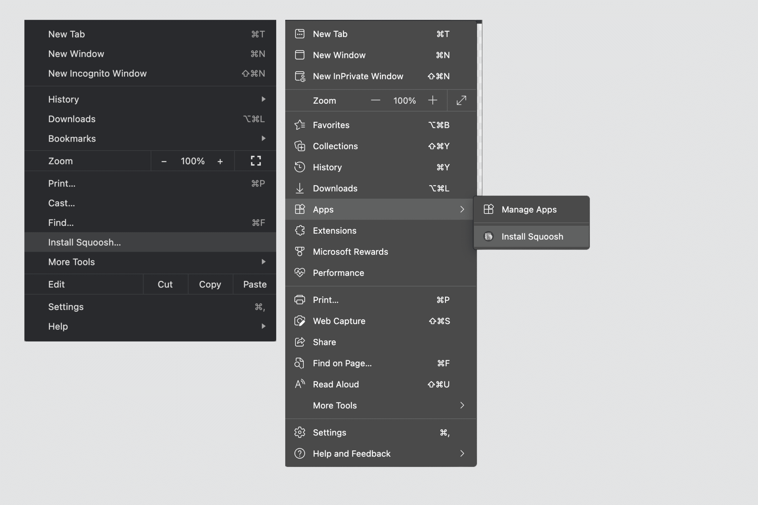 Elementy menu Chrome i Edge dotyczące instalacji PWA.