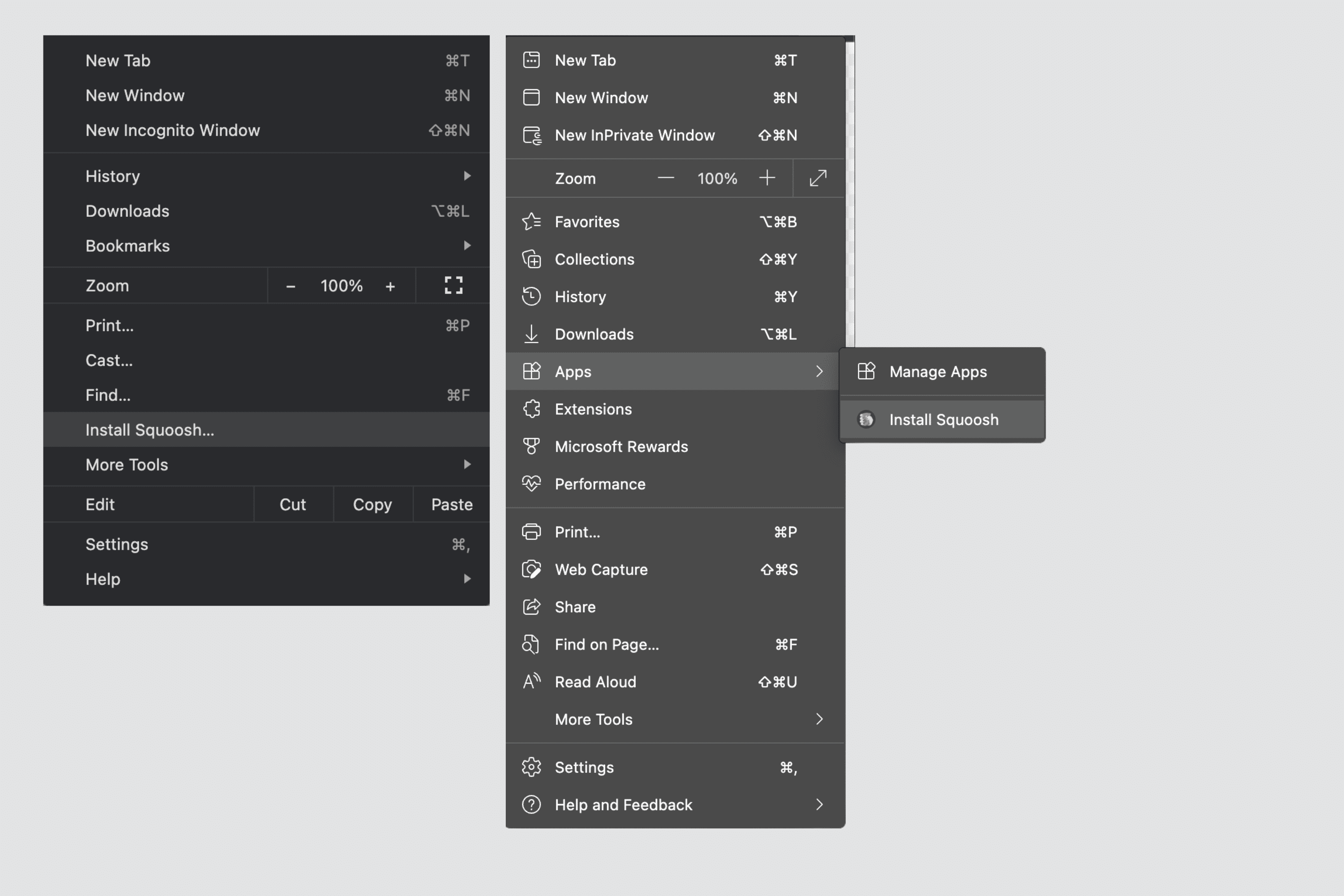 Item menu Chrome dan Edge untuk penginstalan PWA.