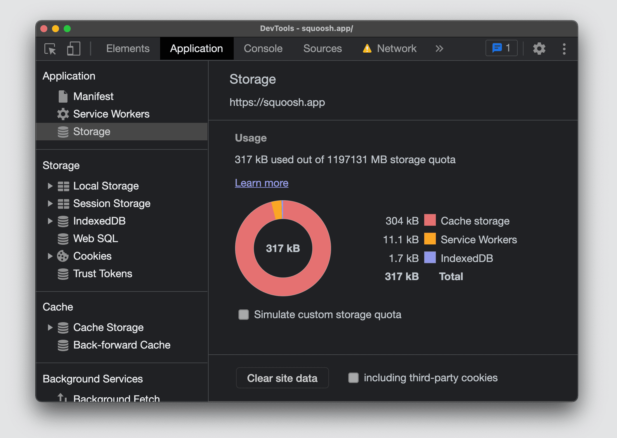 Chrome DevTools na seção &quot;Application&quot;, &quot;Clear Storage&quot;