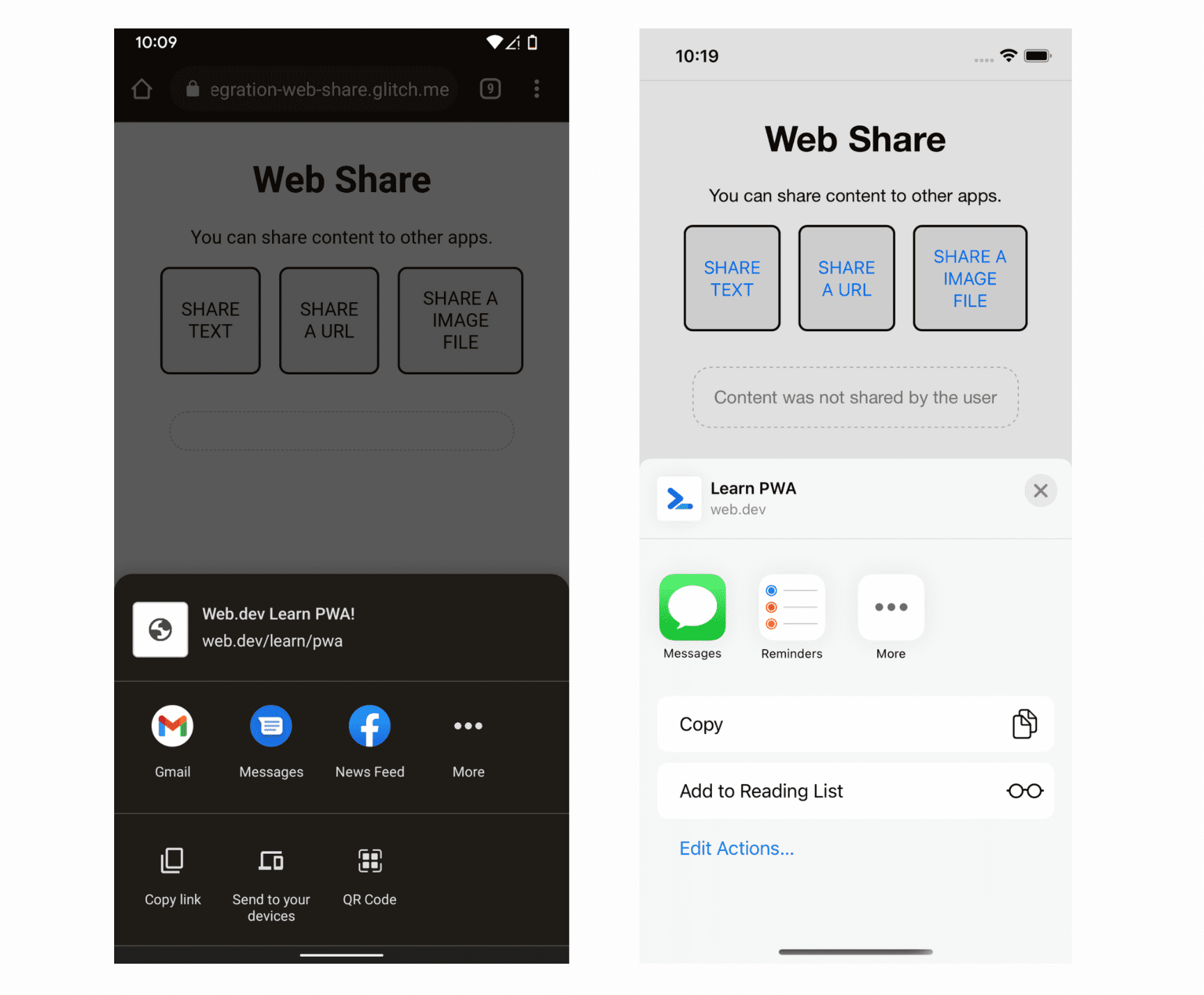 Chrome sur Android et Safari sur iOS ouvrant la feuille de partage grâce à Web Share.