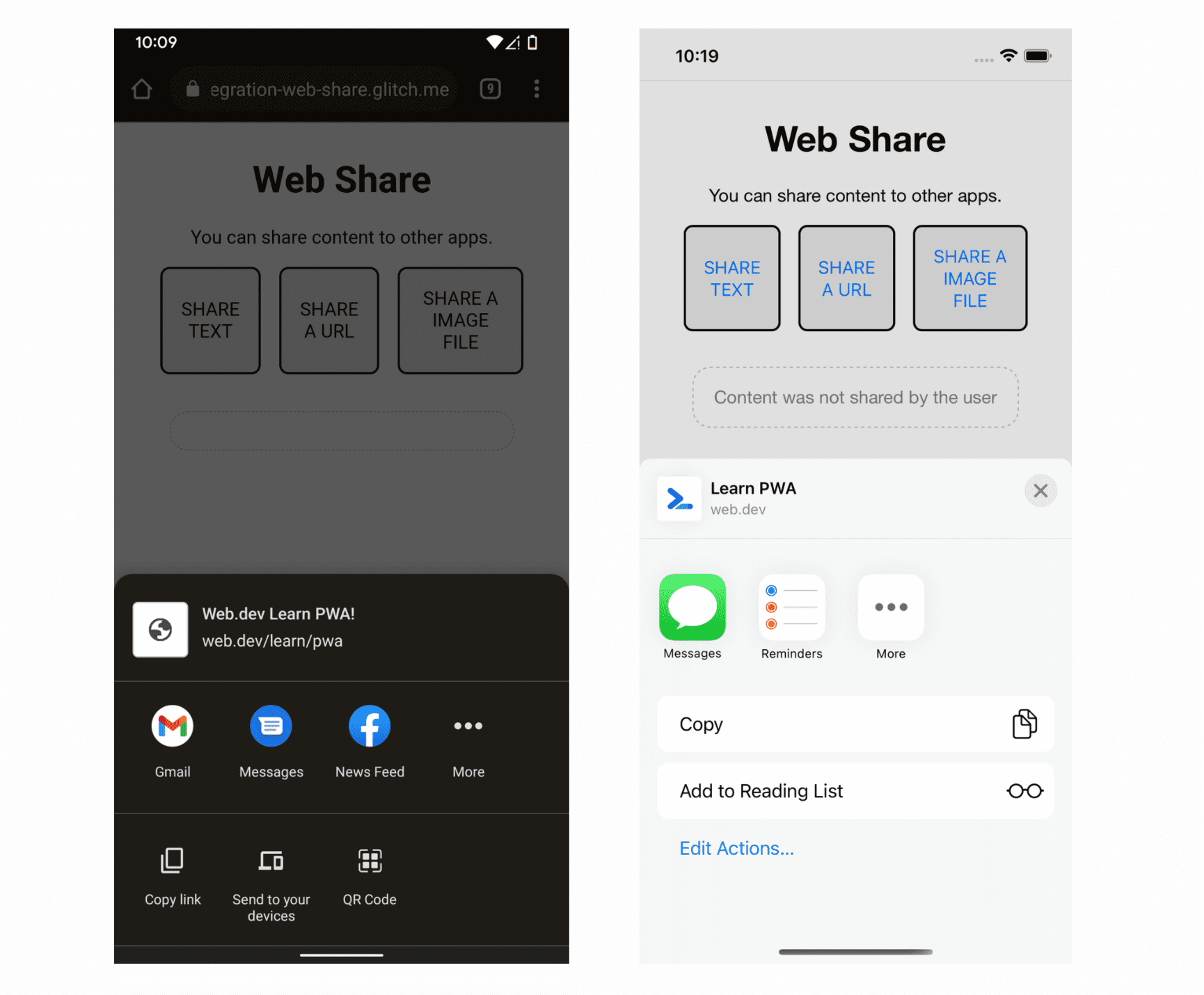 Chrome Android 版和 iOS 版 Chrome 會透過網頁分享功能開啟「共用試算表」。