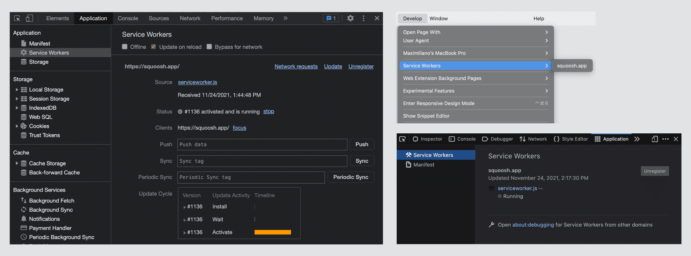 Alat developer pekerja layanan di Chrome, Firefox, dan Safari.