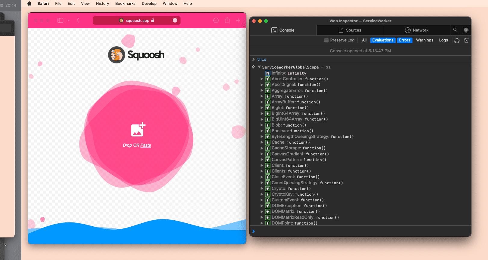 Un inspecteur Web de service worker provenant d'une PWA dans Safari