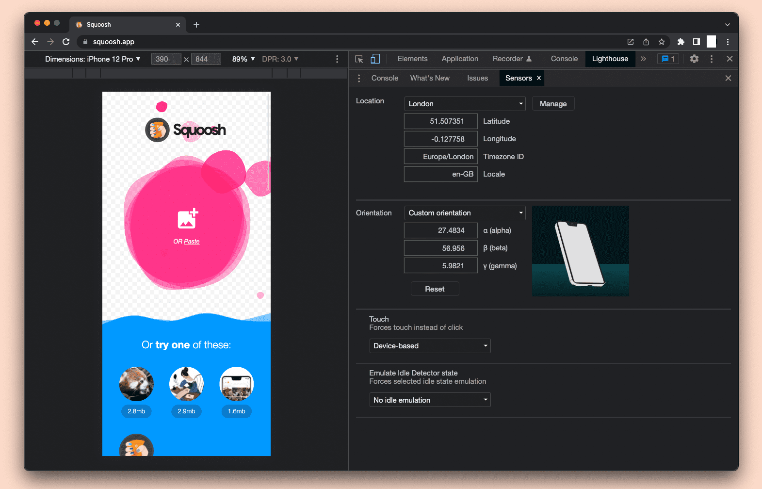 模拟移动设备的 Chromium 开发者工具。