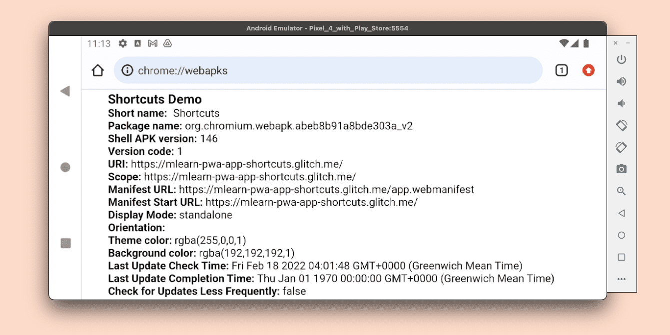 Google Chrome WebAPK debug screen on Android.