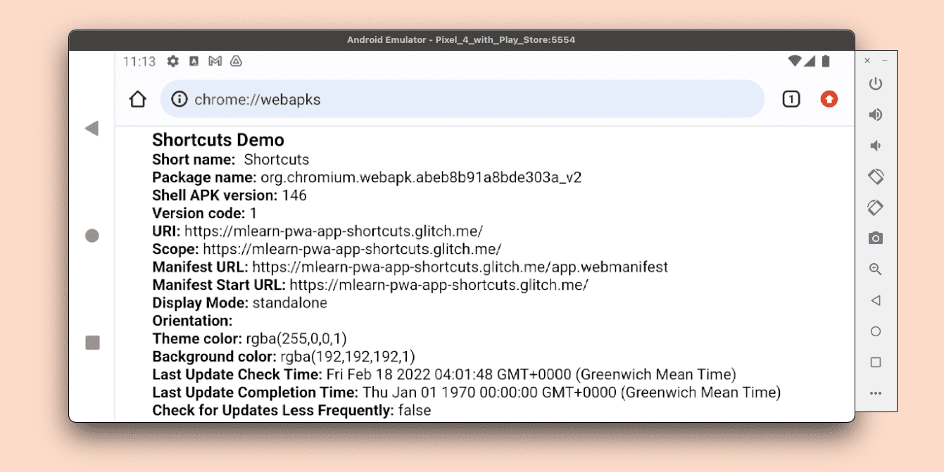 Android의 Chrome WebAPK 디버그 화면