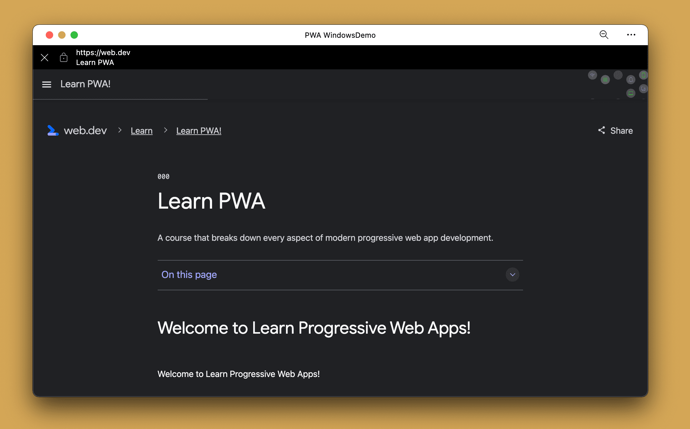 Un browser in-app su una PWA desktop durante la navigazione di un URL fuori dall&#39;ambito.