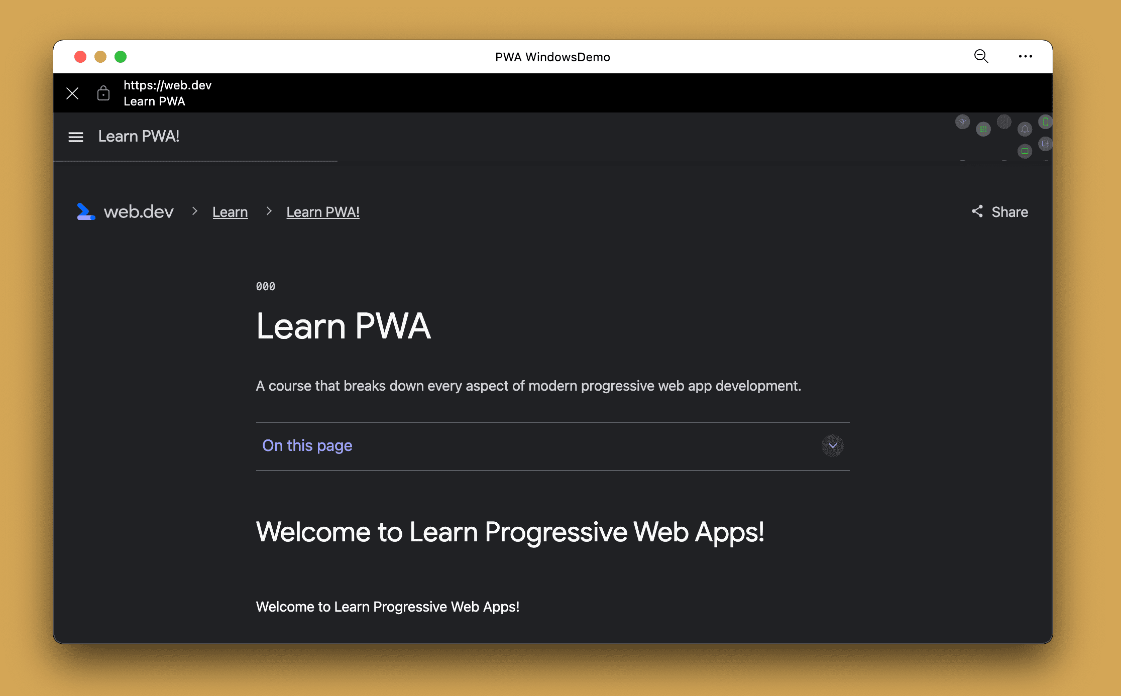 Przeglądarka w aplikacji w aplikacji PWA na komputerze podczas przeglądania adresu URL, który jest poza zakresem.